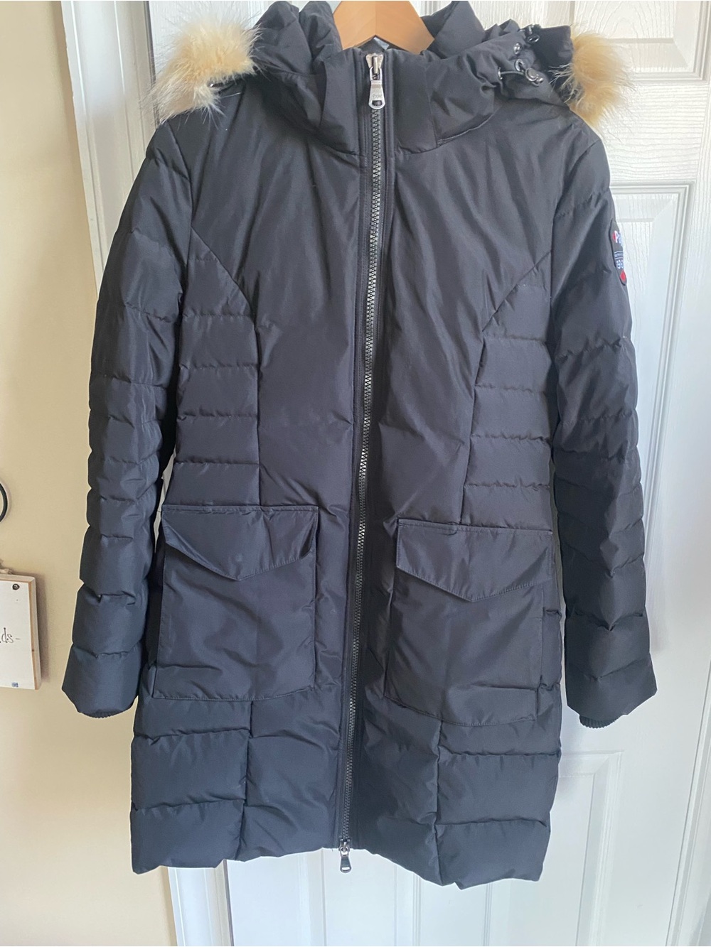 Pajar Canada Women’s Black Puffer Long Down-filledWinter Coat with Faux Fur Trim